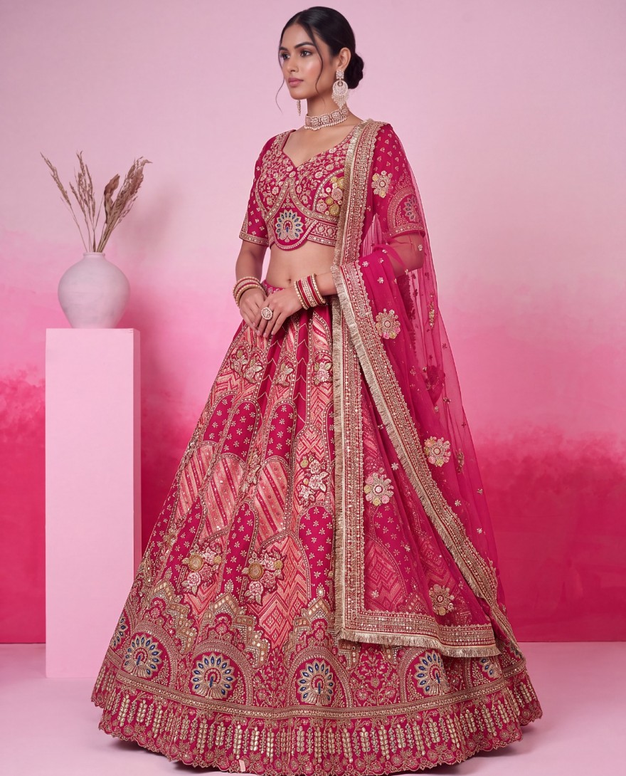 3068 - Rani Pink Silk Bridal Lehenga Choli With Gota Patti